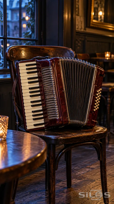 A burgundy accordion with expanded bellows sits on a wooden café chair near a blue-lit window.