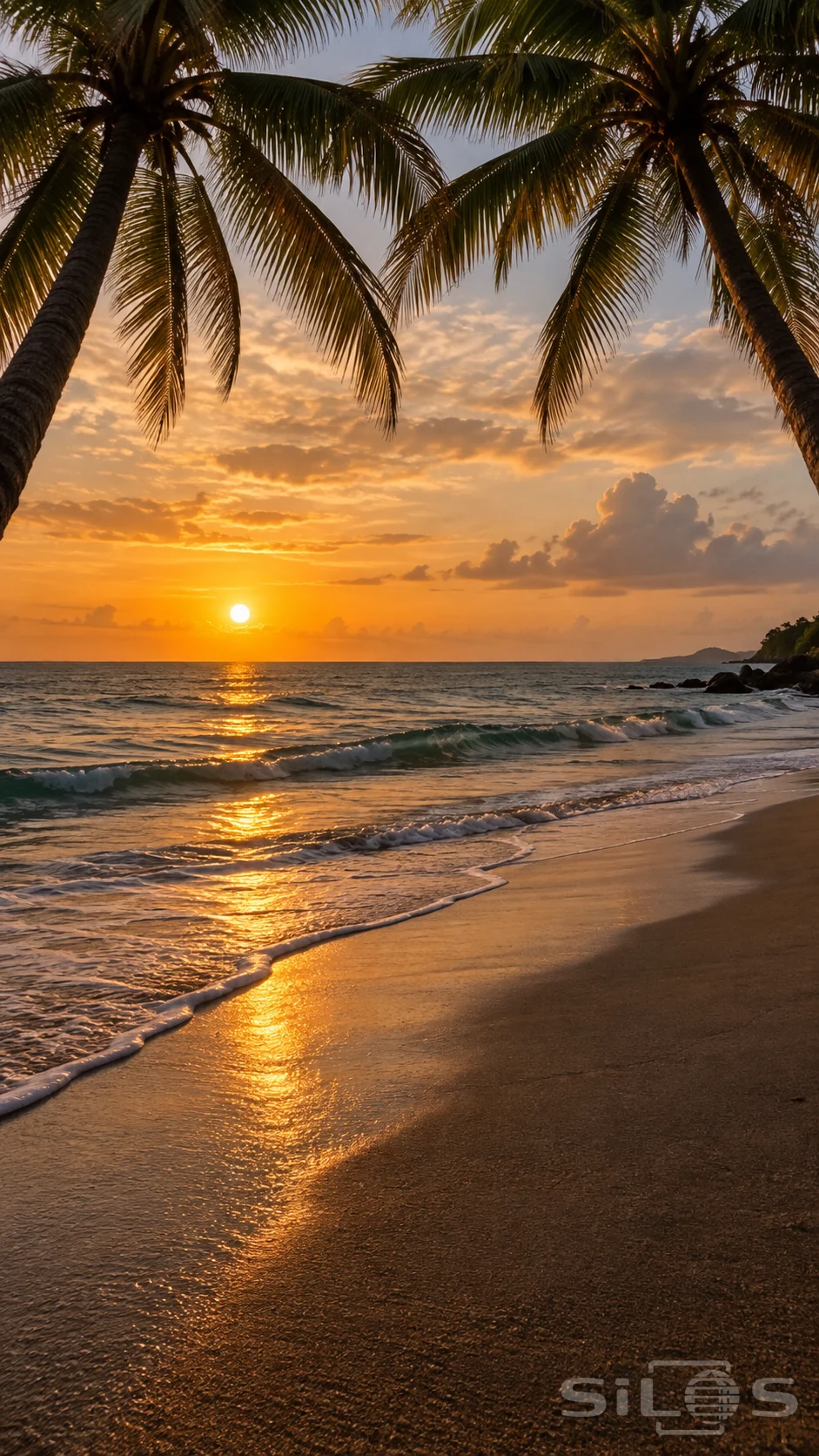 Dark coconut palm fronds frame an empty golden sunset beach, with a low sun reflected across small waves and a sweeping washline on dark damp sand.