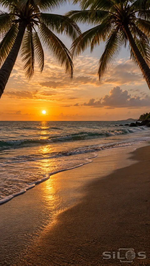 Dark coconut palm fronds frame an empty golden sunset beach, with a low sun reflected across small waves and a sweeping washline on dark damp sand.