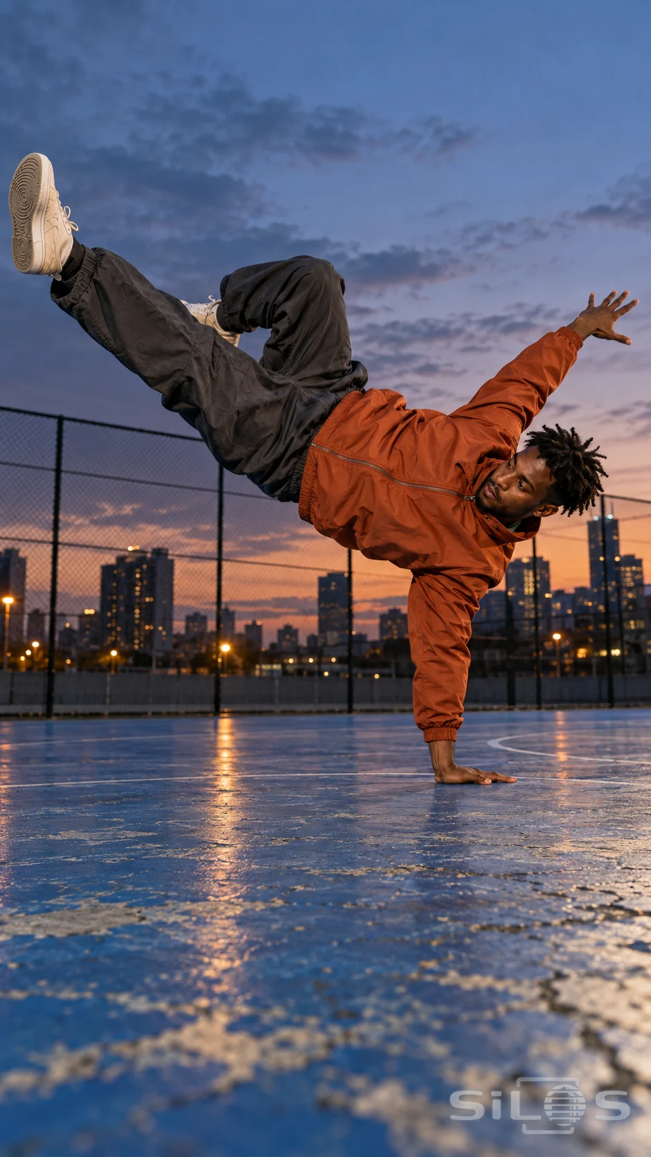 An adult dancer in an orange jacket and charcoal trousers holds a one-hand freeze on a blue outdoor court beneath a dusky city skyline.