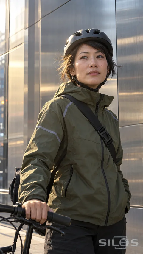 An adult cyclist wearing a charcoal helmet and olive jacket holds a bicycle handlebar beside silver metal wall panels in warm side light.