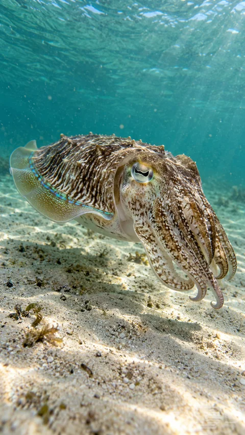A brown-and-cream cuttlefish with a turquoise-edged fin hovers just above a sandy seabed beneath sunlit turquoise water.