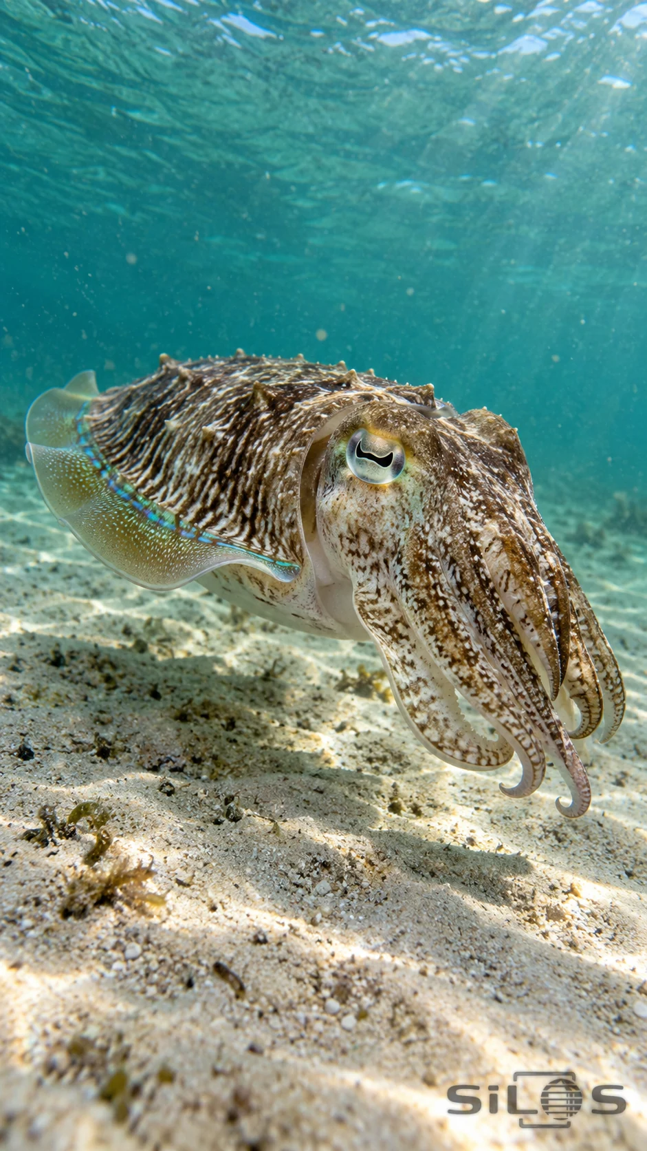 A brown-and-cream cuttlefish with a turquoise-edged fin hovers just above a sandy seabed beneath sunlit turquoise water.