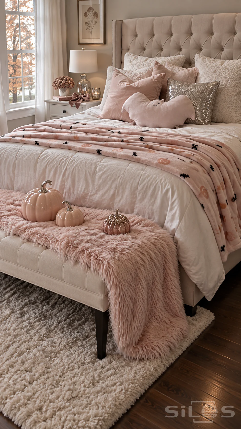 Blush bat pillow and pink pumpkins on a cream bed and upholstered bench beside a sunlit autumn window.