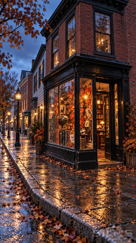 A black-painted curiosity shop glows beneath a brick upper story at blue hour, its books, brass globe and autumn display overlooking a wet sidewalk that recedes along neighboring storefronts.