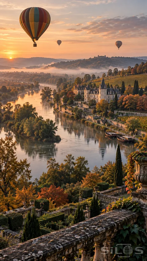 Three striped hot-air balloons drift over a misty dawn river beside a turreted limestone estate; terraced vineyards; autumn trees and moored wooden boats.