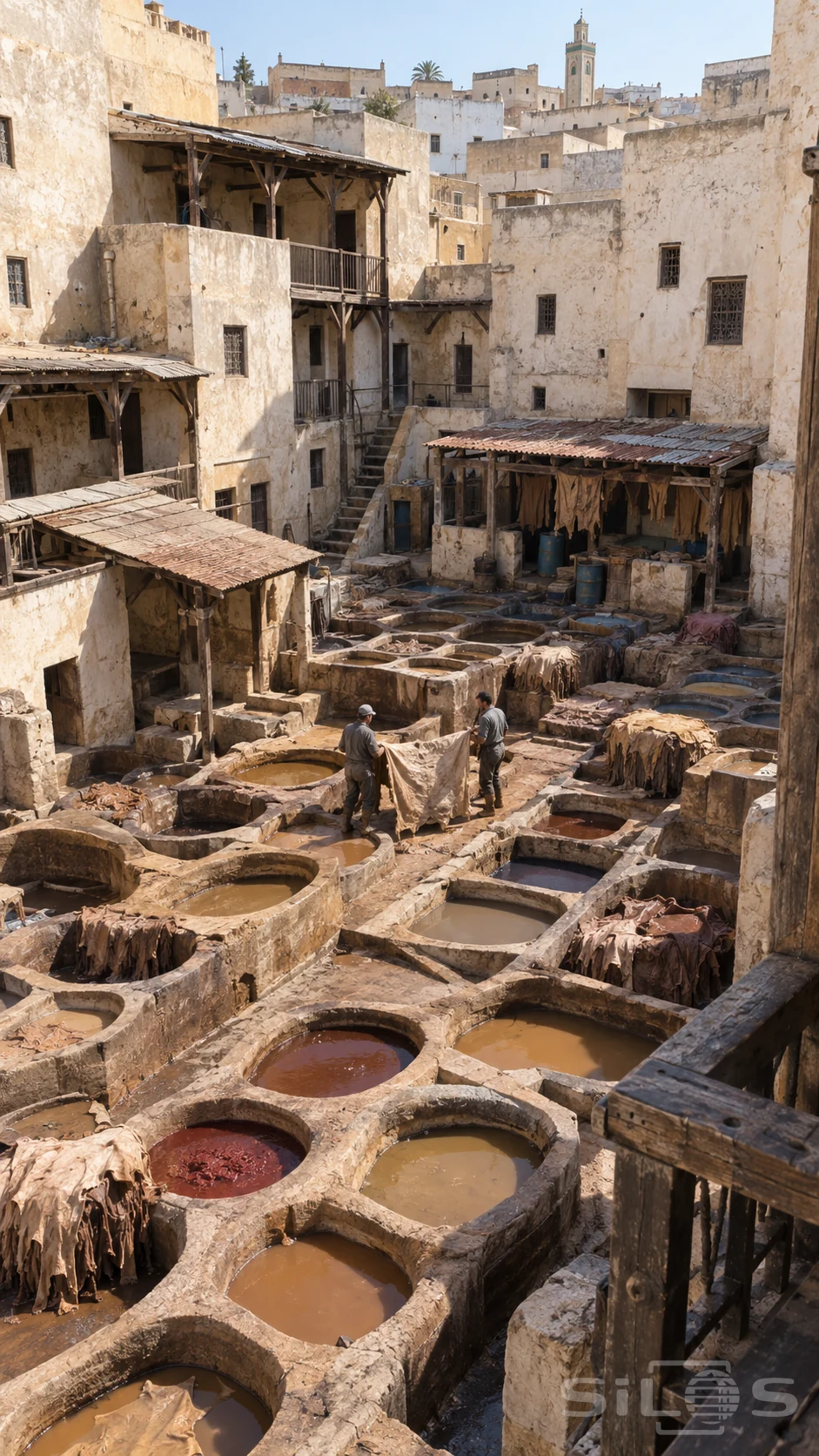 Two craftspeople handle a hide among irregular masonry dye vats, weathered plaster workshops and timber awnings.