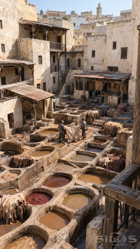 Two craftspeople handle a hide among irregular masonry dye vats, weathered plaster workshops and timber awnings.