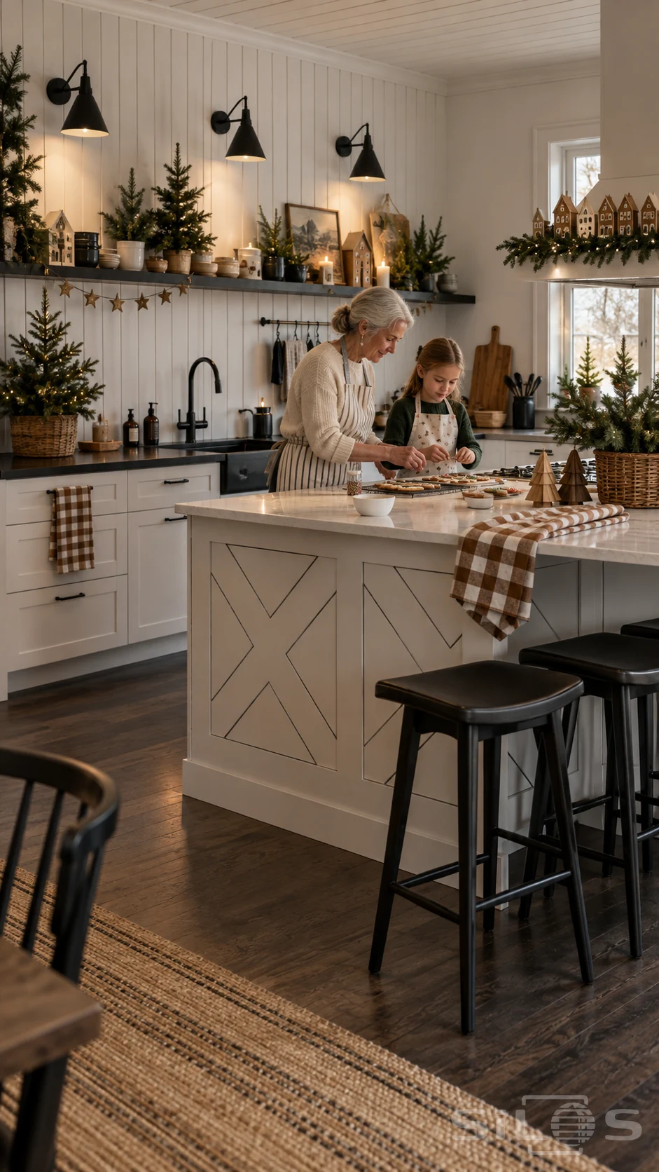 A grandmother and child decorate biscuits in a white-panelled kitchen with black sconces, miniature fir trees, paper houses, star garlands and checked towels.