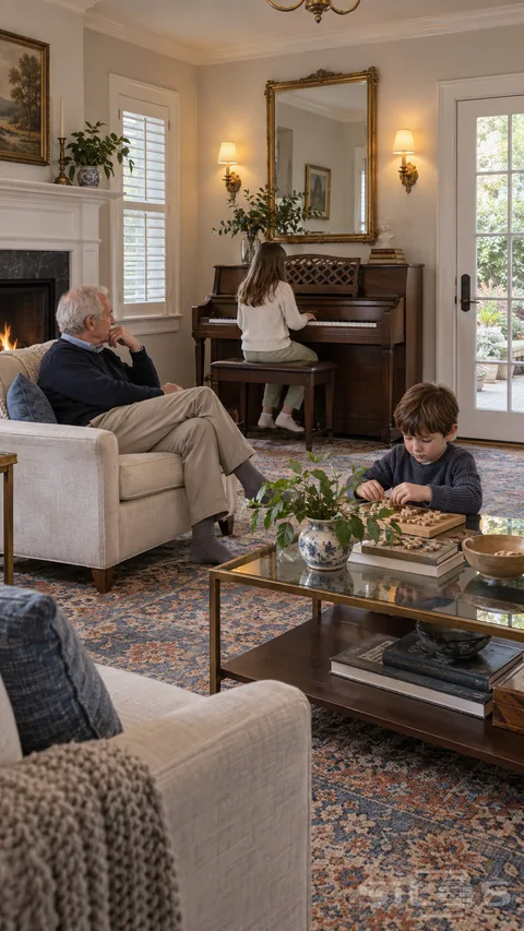 A grandfather listens to a child at an upright piano while a younger child works on a wooden puzzle in a furnished sitting room with a fireplace; gilt mirror and patterned rug.