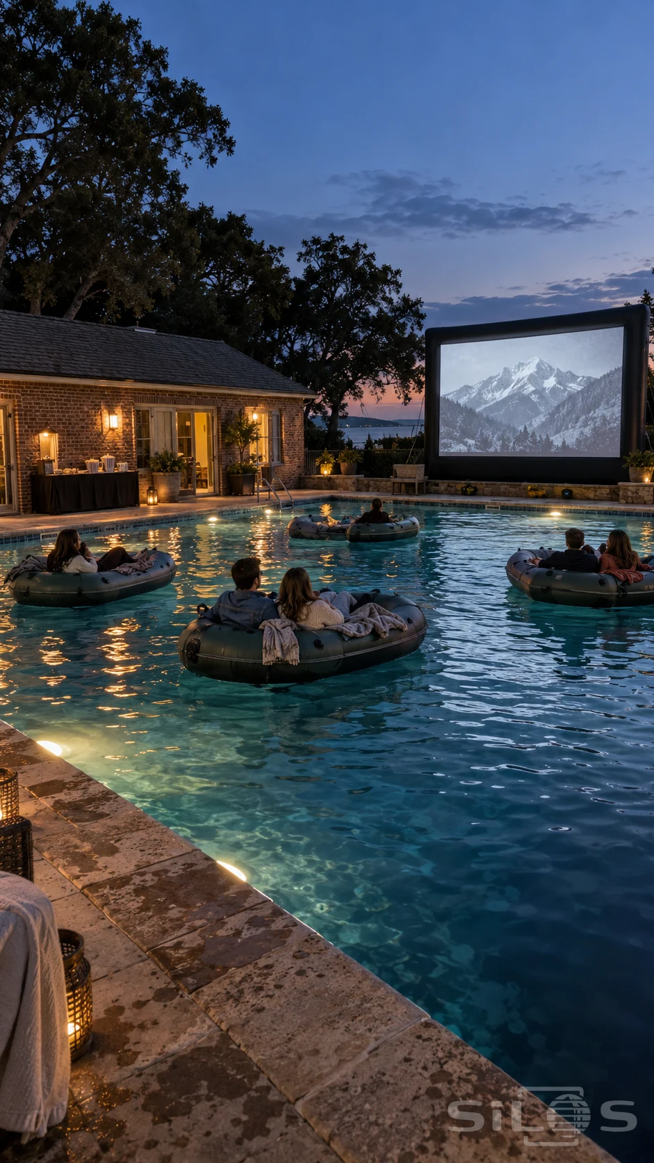 Small inflatable boats float in a blue-hour swimming pool facing a mountain film, beside a brick poolhouse lit by warm sconces.