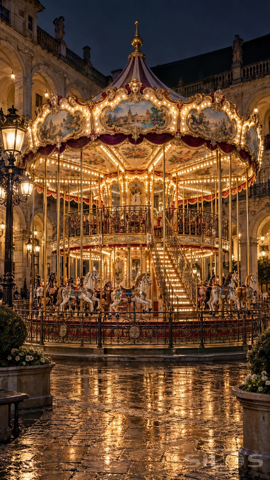 A lavish two-level carousel glows in an empty stone courtyard, with gilded carvings, painted horses, burgundy trim and warm bulbs reflected on wet paving.
