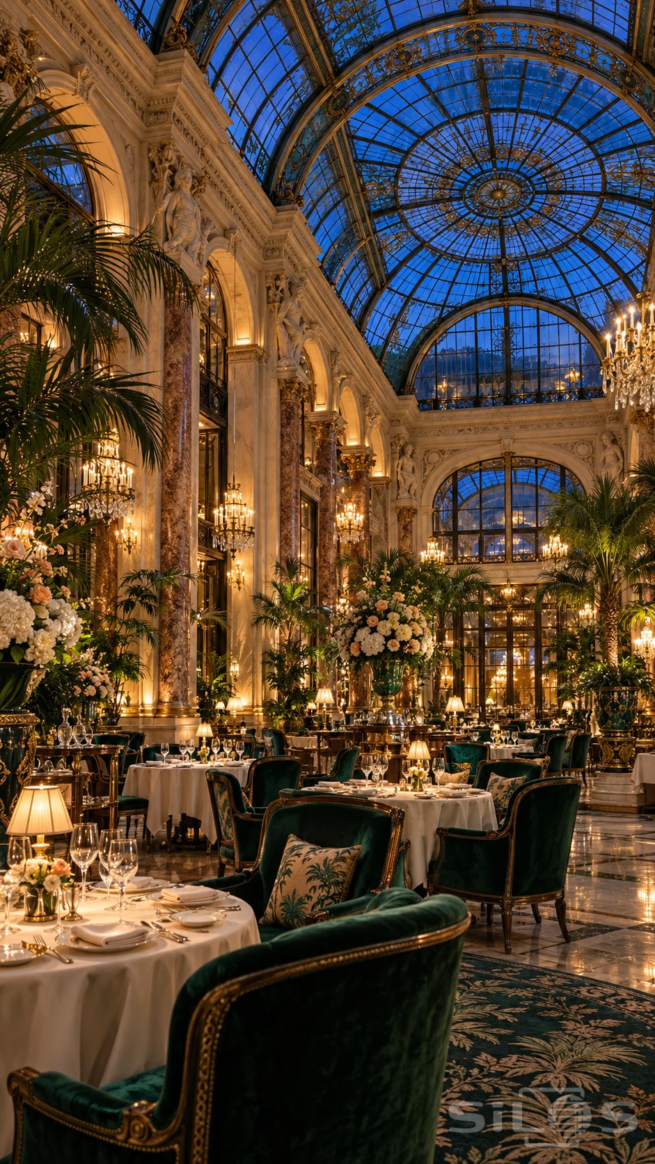 An unoccupied palatial palm court glows beneath a blue glass vault, with gilded marble columns, crystal lights, flower urns and richly upholstered emerald chairs.