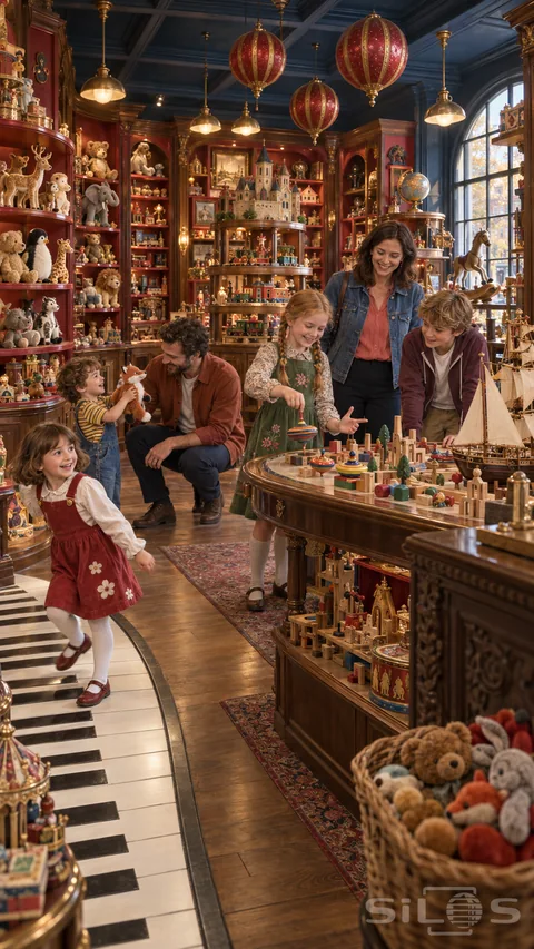 Four children and two adults play among richly stocked red-and-gold toy displays beneath a blue coffered ceiling, with a floor piano, wooden models, plush animals and a spinning top.