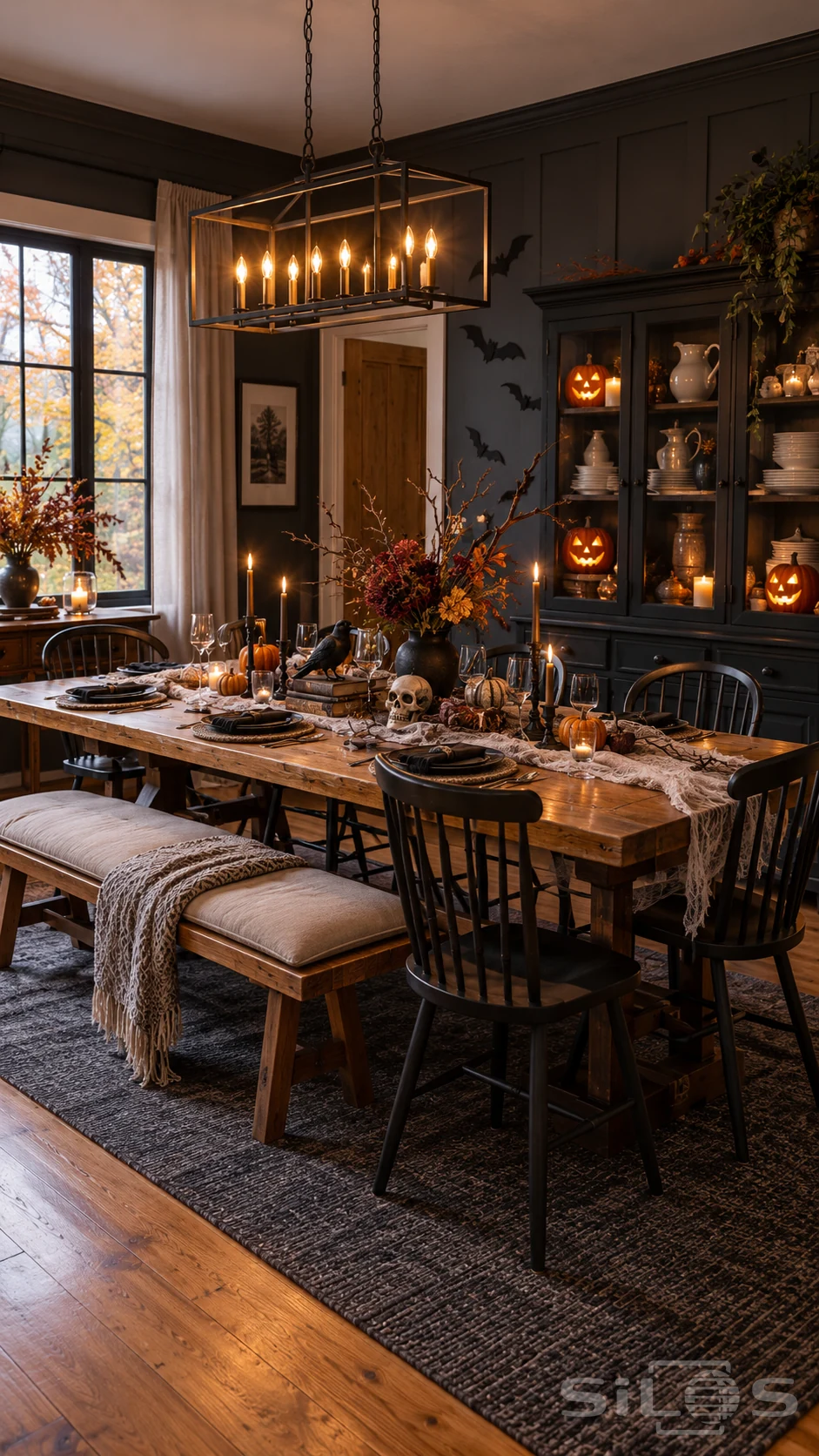An unoccupied Halloween dining room with a timber table, cushioned bench, black chairs, candlelit cage chandelier, cobweb runner, small pumpkins and a dark china cabinet.