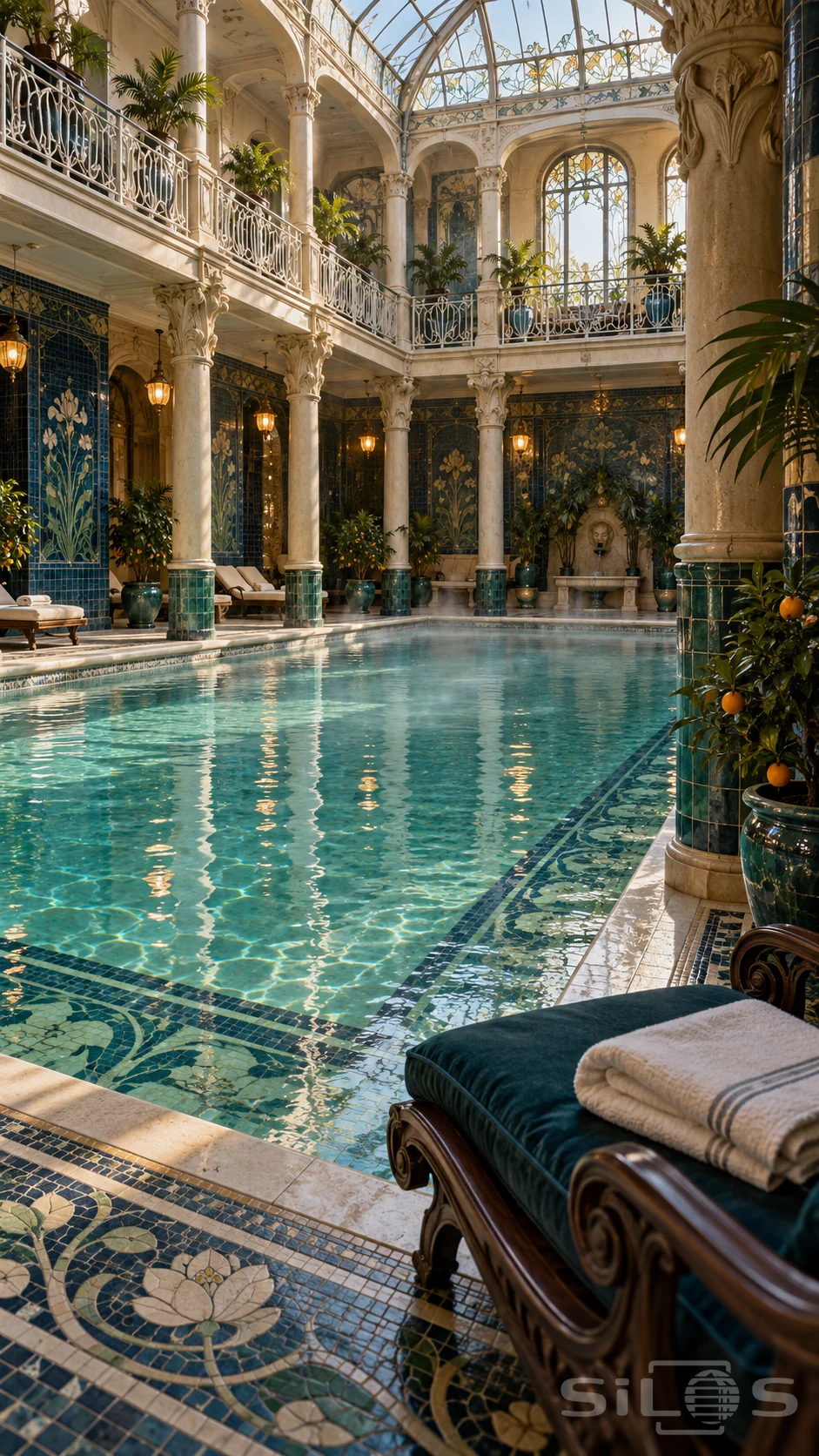 An unoccupied turquoise pool beneath carved stone columns, white iron galleries and a glazed roof, with jade ceramic walls, botanical mosaics and a teal-cushioned lounge chair.