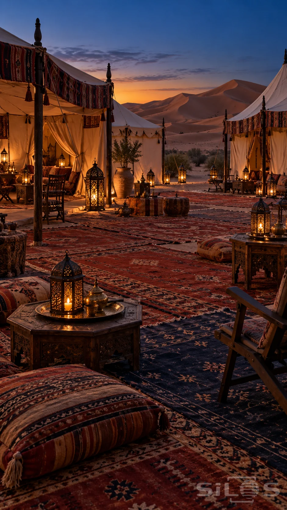 Amber pierced-metal lanterns illuminate layered patterned rugs, cushions, carved tables and cream canvas pavilions in an unoccupied desert court beneath dunes at twilight.