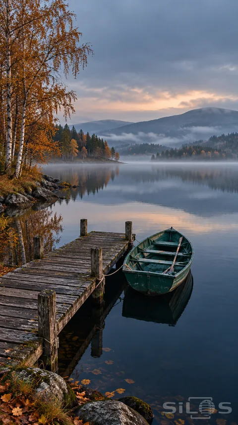 A weathered green rowboat rests beside a short timber dock as fine mist crosses an autumn lake beneath wooded hills.