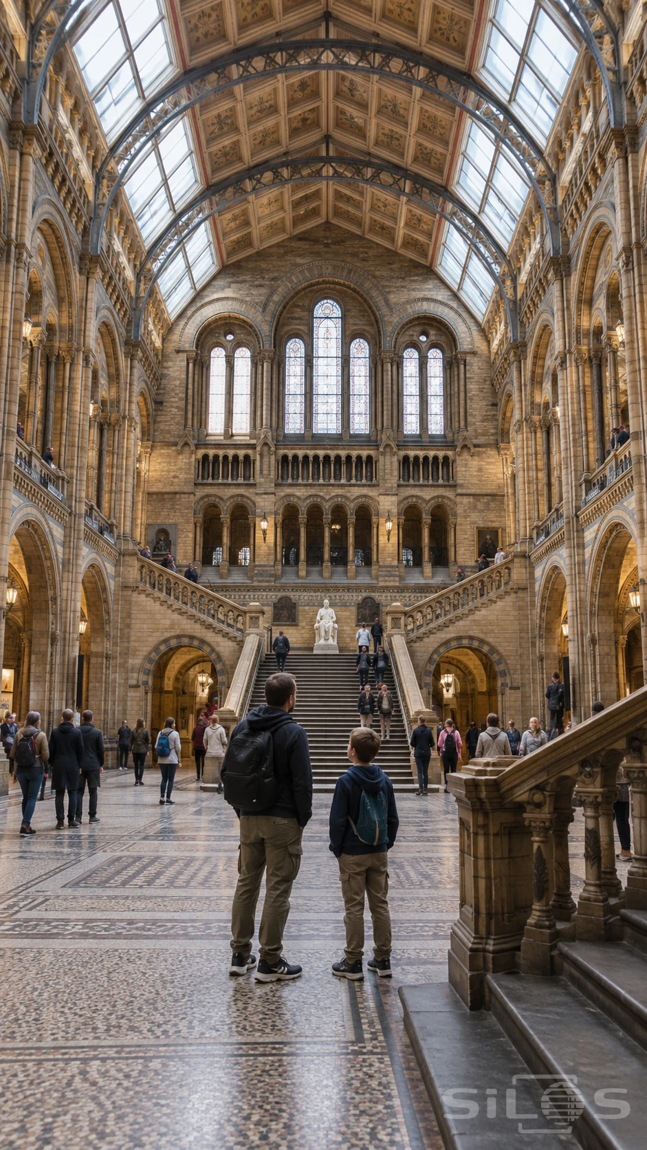 A father and child look up through a grand museum hall with a branching stone staircase, carved arcades, patterned floor and a vaulted glazed roof.