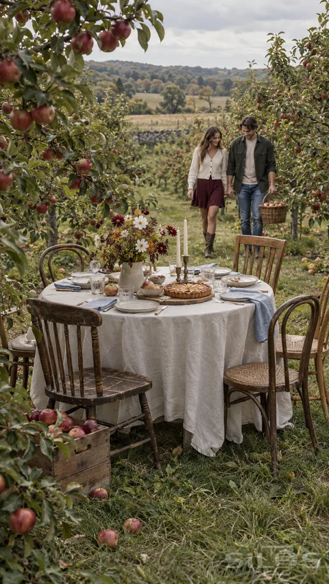 An ivory linen table; mismatched wooden chairs and a fresh apple tart wait between orchard rows as a young adult couple returns with a basket of apples.