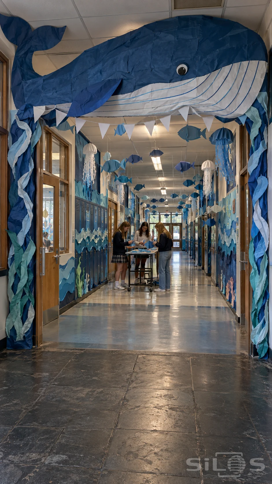 A handmade whale arch, folded paper fish and layered waves turn a school corridor into an ocean for spirit week, while three friends finish a decoration.