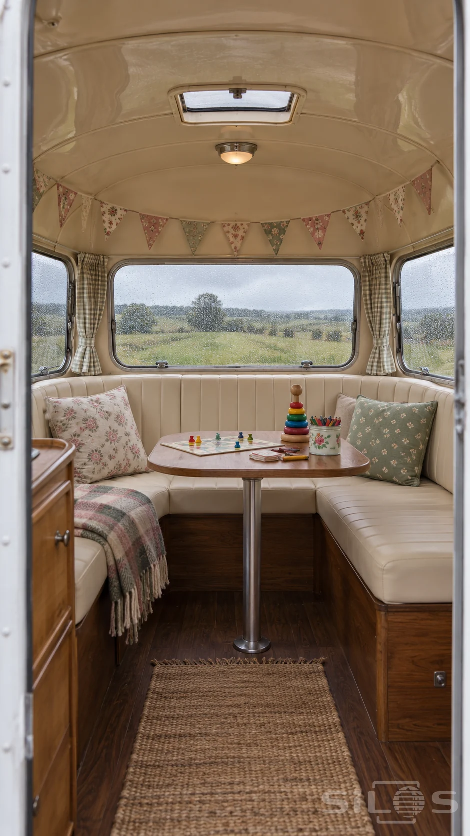 An unoccupied camper lounge has cream stitched seating, floral bunting, a small board game, crayons and a stacking toy beside rain-speckled meadow windows.