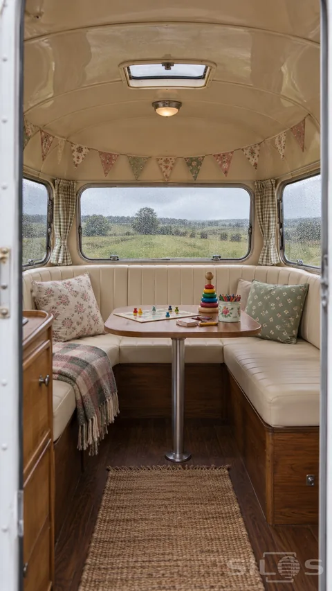 An unoccupied camper lounge has cream stitched seating, floral bunting, a small board game, crayons and a stacking toy beside rain-speckled meadow windows.