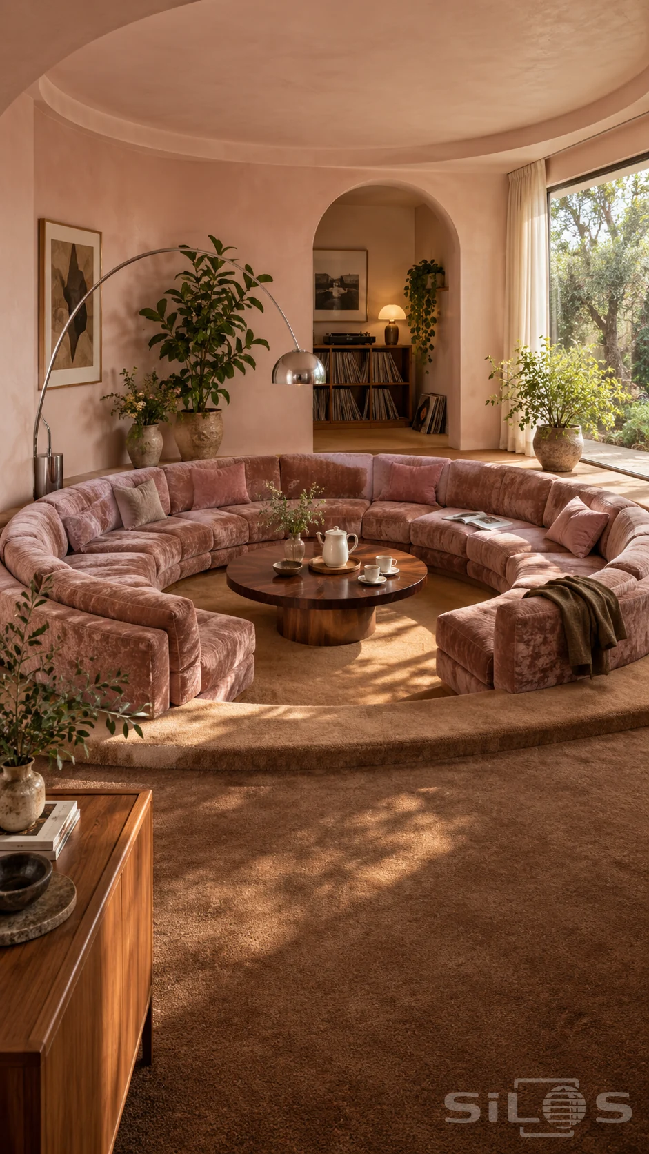 A circular rose-velvet conversation pit, low walnut table and chrome arc lamp sit beside a garden window, with a record nook through the archway.
