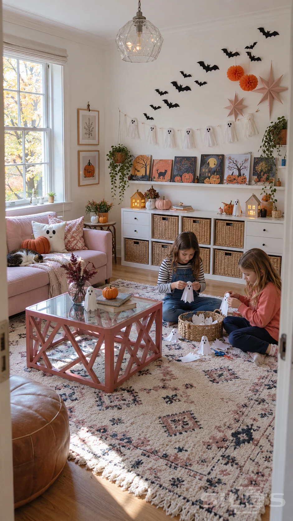 Paper bats and a ghost garland hang above white storage cabinets in a pink playroom, where two children make paper ghosts beside a patterned rug and glass-topped table.