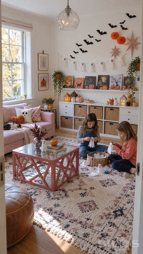 Paper bats and a ghost garland hang above white storage cabinets in a pink playroom; where two children make paper ghosts beside a patterned rug and glass-topped table.