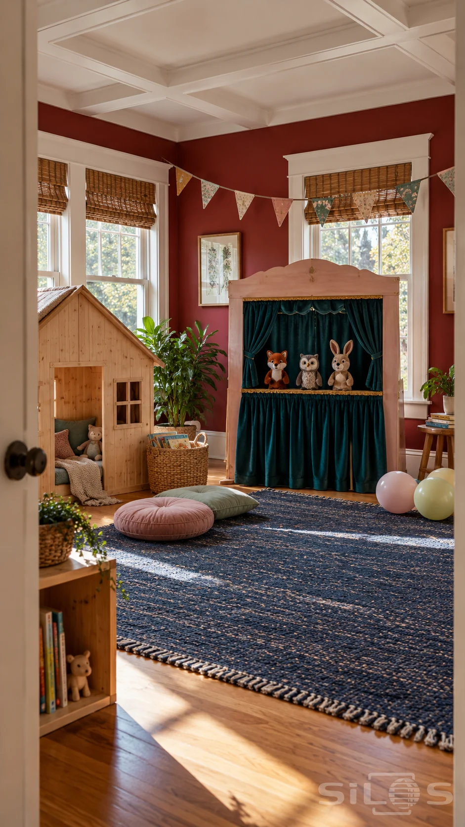A red-walled family storytelling room stands ready with a teal-curtained puppet stage, three animal puppets, pine playhouse, book basket, cushions and woven navy rug.