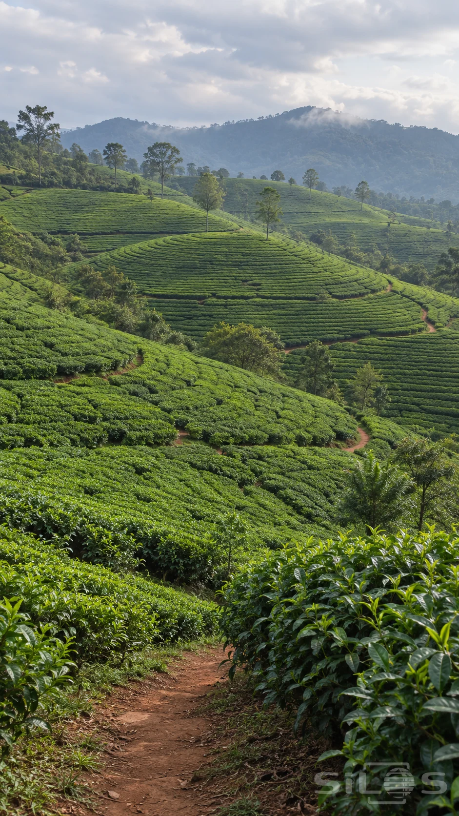 A narrow earth path curves through clipped tea bushes toward layered green hills, scattered shade trees and a distant cloudy ridge.