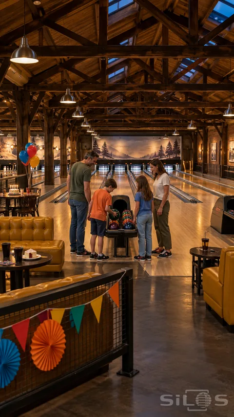 A family chooses bowling balls beneath exposed timber rafters, with long lanes, mustard sofas, birthday balloons, cake and colorful paper decorations.