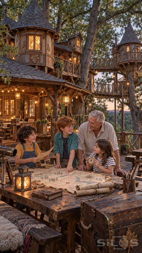 Three children and their grandfather share a treasure-map adventure on a lantern-lit terrace beneath elaborate timber treehouse turrets and connecting bridges.