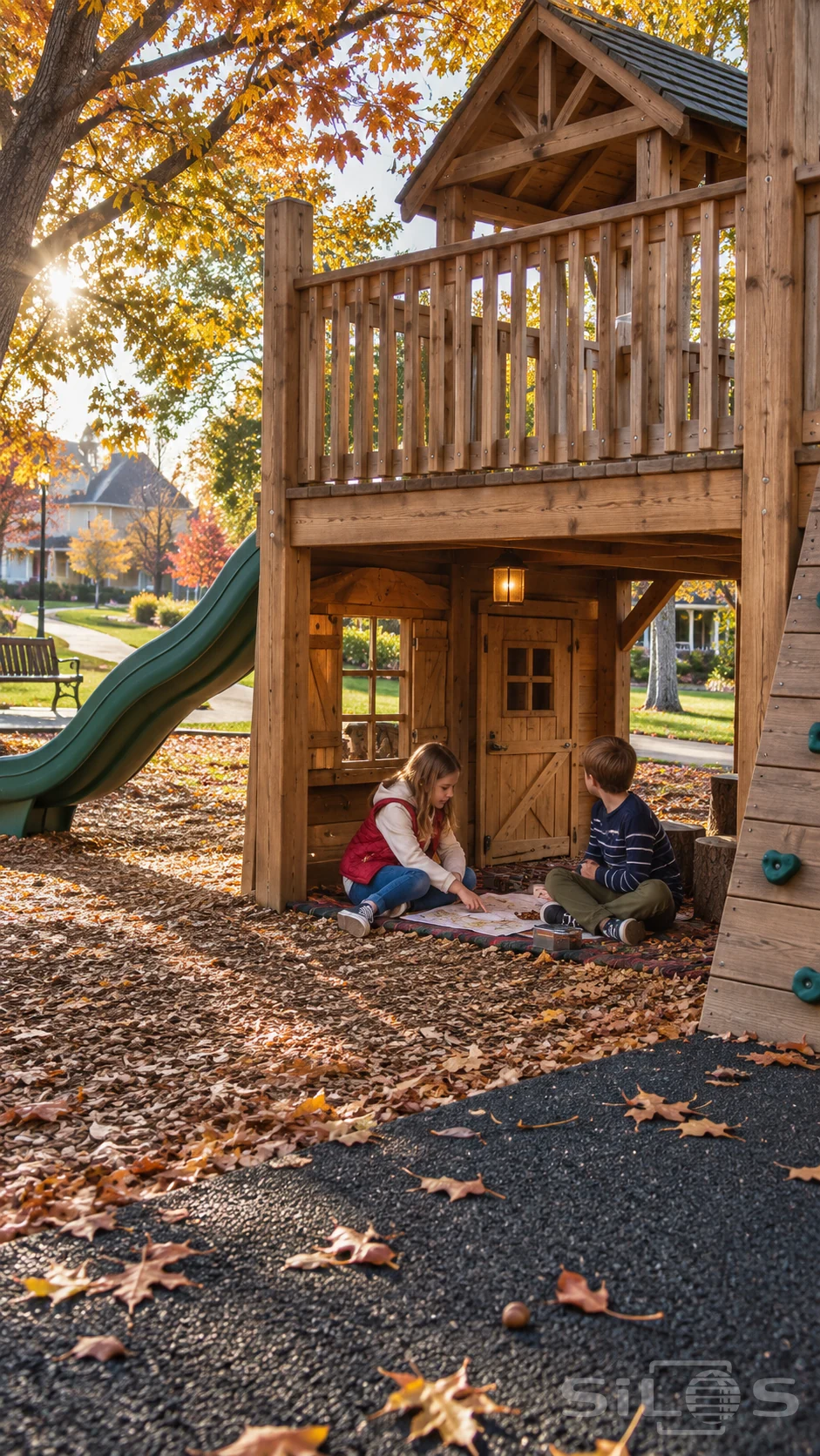 Two children sharing a map beneath a wooden play deck, with a green slide, autumn trees and a park path beyond.