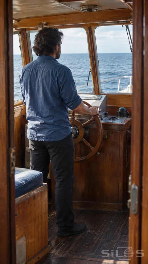 An adult in a plain blue shirt stands at a wooden steering wheel in a timber boat cabin facing open water through the windows.