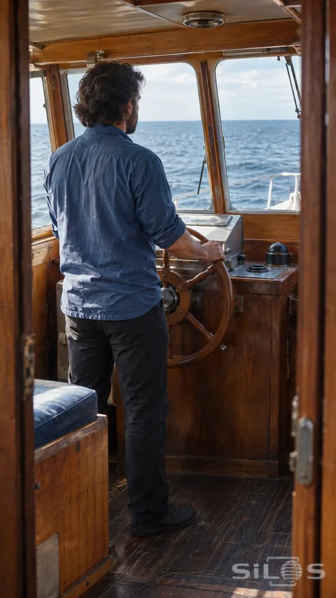 An adult in a plain blue shirt stands at a wooden steering wheel in a timber boat cabin facing open water through the windows.