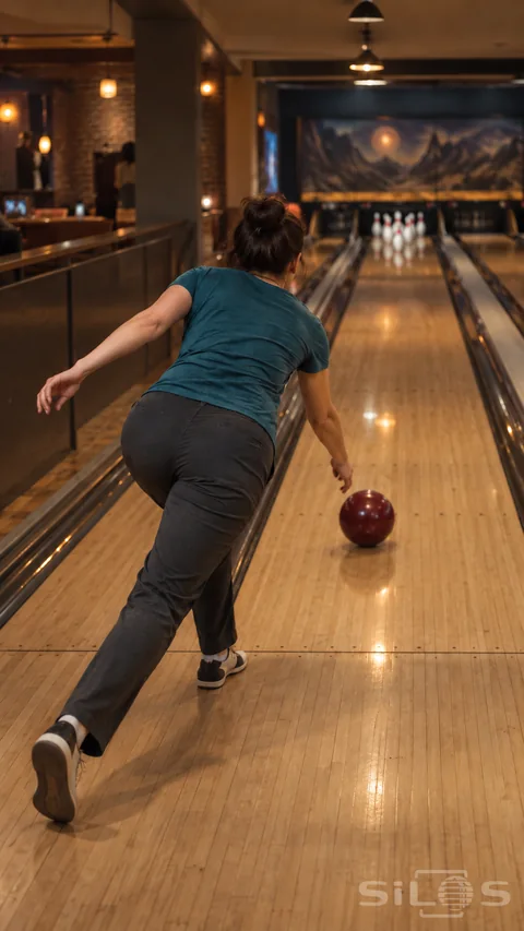 An adult woman in a muted teal shirt follows through after releasing one dark-red ball on a honey-colored wooden bowling lane; with softly focused pins at the far end.