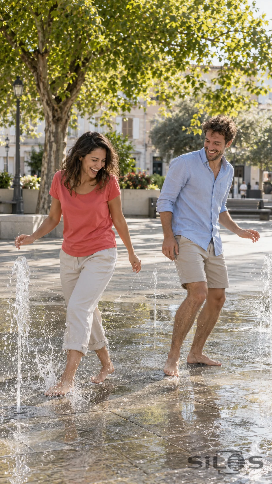 Two adults in coral and light-blue shirts laugh while stepping barefoot among low ground-level fountain jets on wet paving beneath shade trees in a public square.