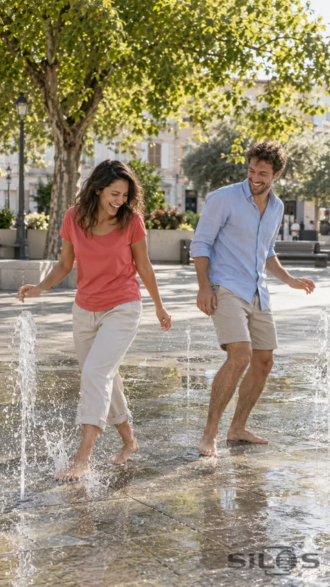 Two adults in coral and light-blue shirts laugh while stepping barefoot among low ground-level fountain jets on wet paving beneath shade trees in a public square.