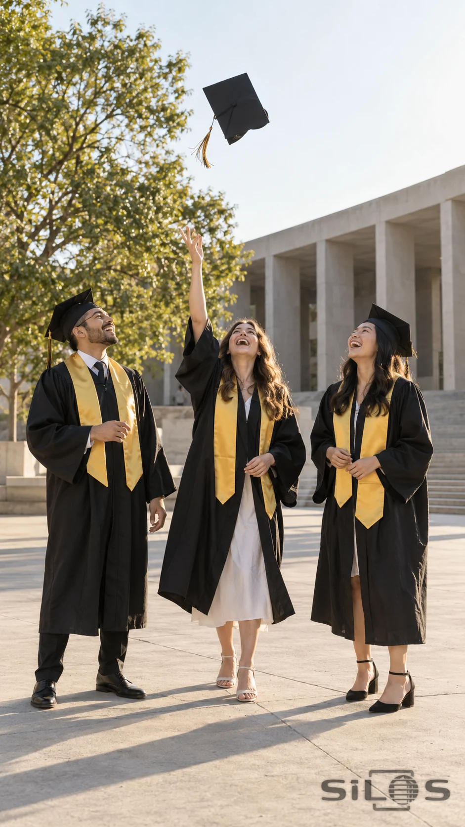 Three adults in plain black academic gowns and gold stoles laugh beneath one airborne black mortarboard in a sunlit courtyard, with the central graduate's hand raised.