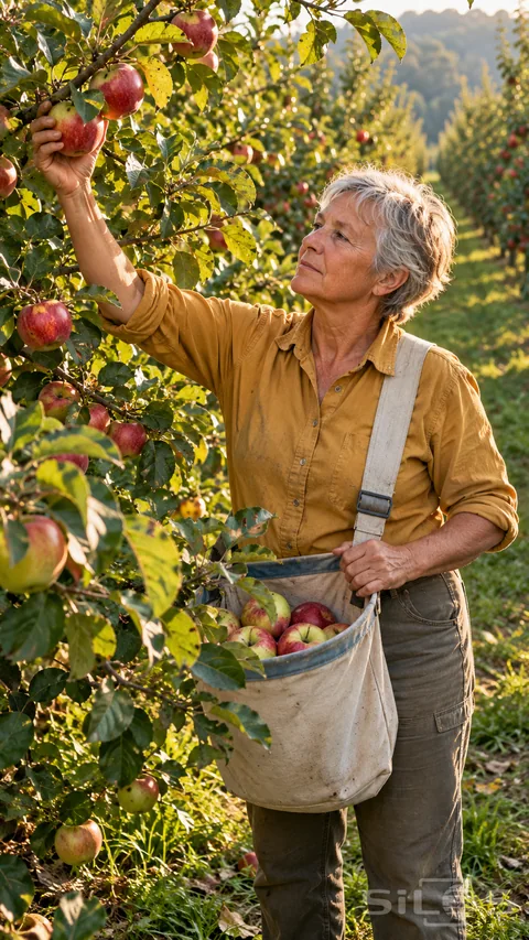 A silver-haired adult apple picker reaches for a red-green apple while holding a canvas harvest bag between leafy orchard rows.