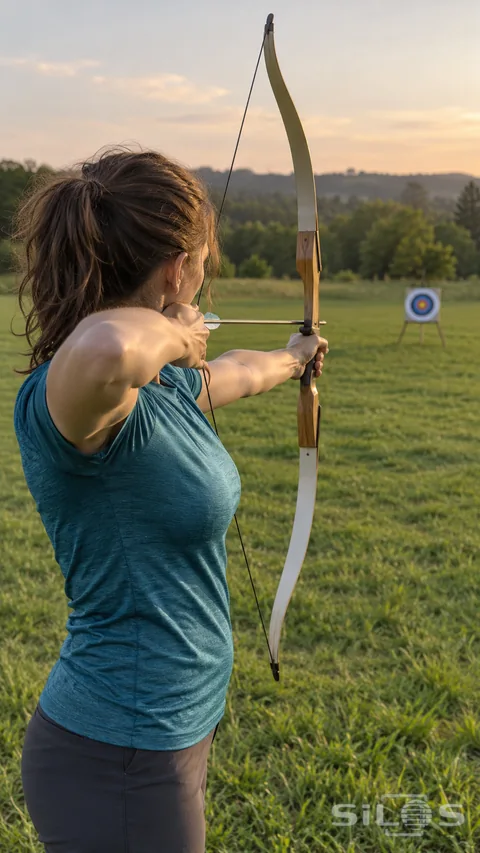 An adult woman in a teal shirt draws a wooden bow on a green field, seen from behind her left shoulder, with a single arrow and a distant round target.