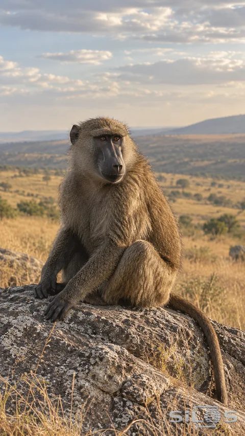 A brown-olive baboon sits on a lichen-covered rock with its hands grounded beside folded hind legs and one tail curving down the stone, against open golden grassland and pale clouds.