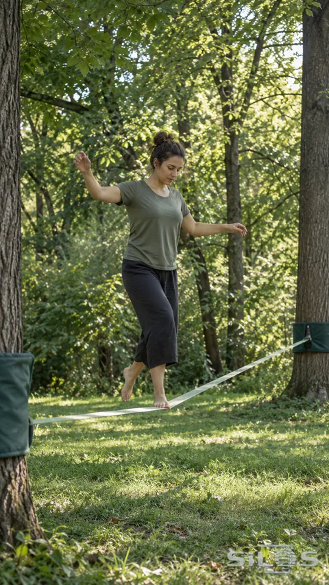 An adult woman balances barefoot on a low slackline between two padded trees above grass in a leafy grove.