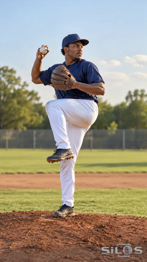 An adult pitcher in a plain navy jersey and white trousers balances on a red-earth mound with one knee raised, holding a baseball beside his shoulder and a brown glove near his chest.