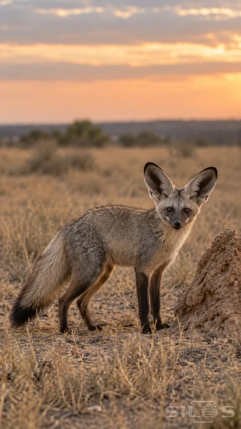 A sandy-gray bat-eared fox stands beside a rough low termite mound in dry grass, with two large upright ears, four grounded legs and a dark-tipped bushy tail.