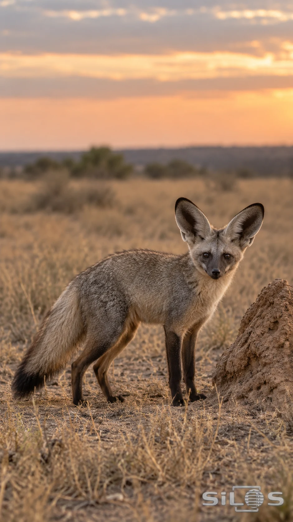 A sandy-gray bat-eared fox stands beside a rough low termite mound in dry grass, with two large upright ears, four grounded legs and a dark-tipped bushy tail.