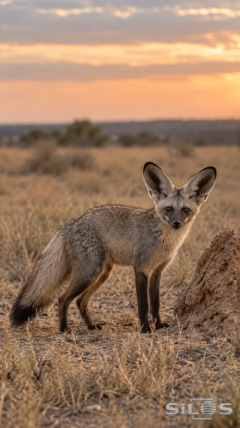A sandy-gray bat-eared fox stands beside a rough low termite mound in dry grass, with two large upright ears, four grounded legs and a dark-tipped bushy tail.