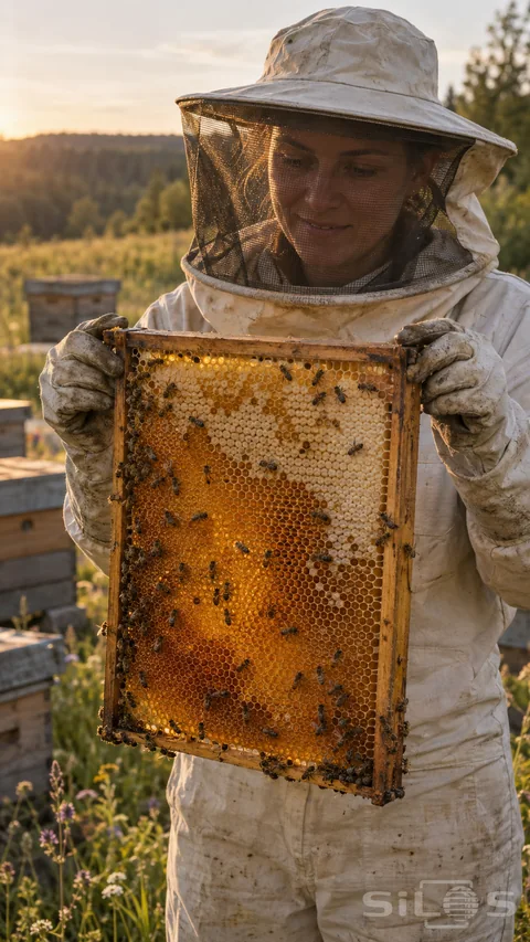 A beekeeper in a cream canvas suit and mesh veil holds a rectangular wooden honey frame with two gloved hands; with small bees on amber comb and wooden hives behind.